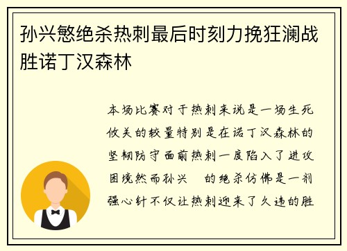 孙兴慜绝杀热刺最后时刻力挽狂澜战胜诺丁汉森林