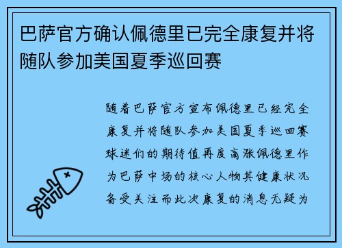 巴萨官方确认佩德里已完全康复并将随队参加美国夏季巡回赛 巴萨官方确认佩德里已完全康复并将随队参加美国夏季巡回赛