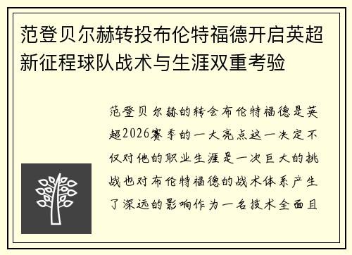 范登贝尔赫转投布伦特福德开启英超新征程球队战术与生涯双重考验